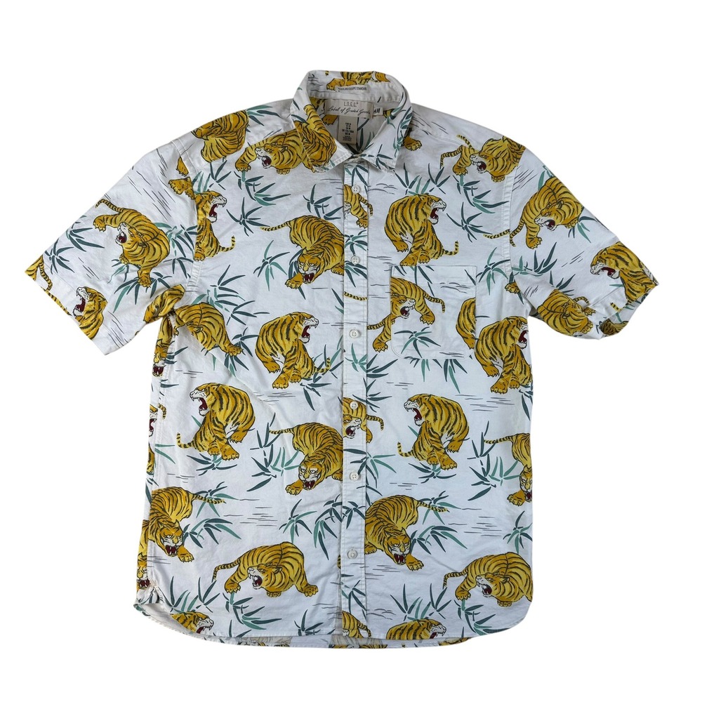 Tiger‎ Print Short Sleeve Cotton Button Up Shirt Medium H&M L.O.G.G.